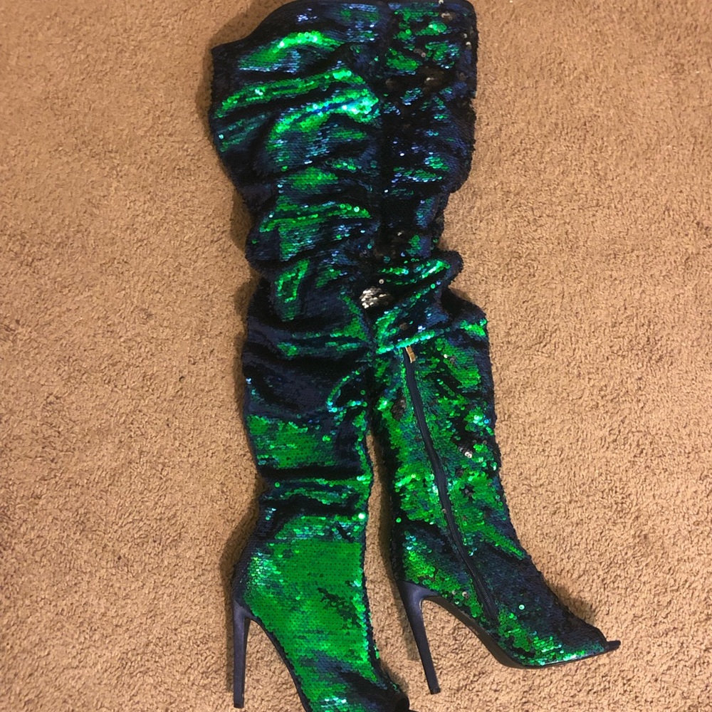 Blue green sequin mermaid style knee high boots